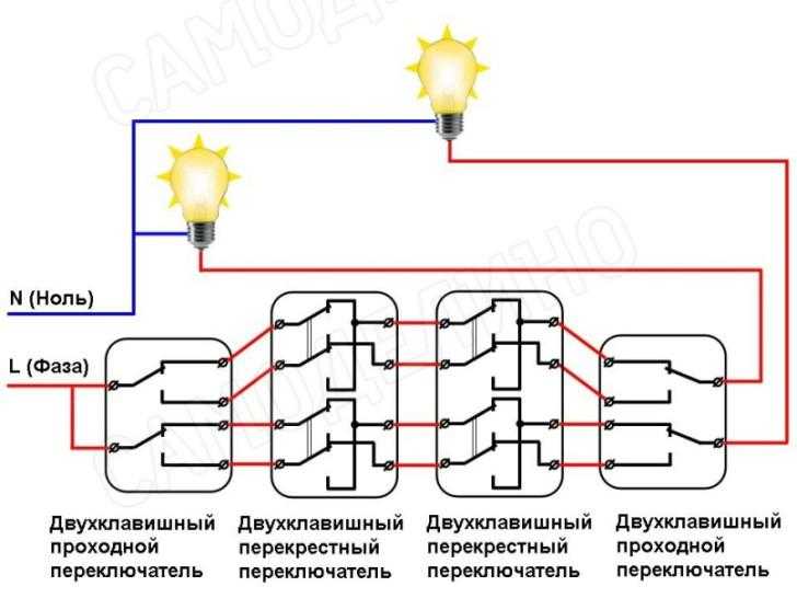 Схема монтажа двухклавишного проходного выключателя легран